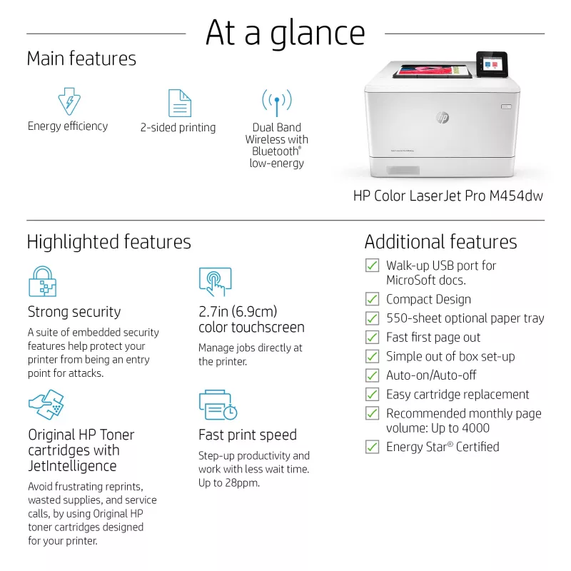 HP Color LaserJet Pro M454dw, drukāšana, priekšējais USB ports; abpusējā drukāšana