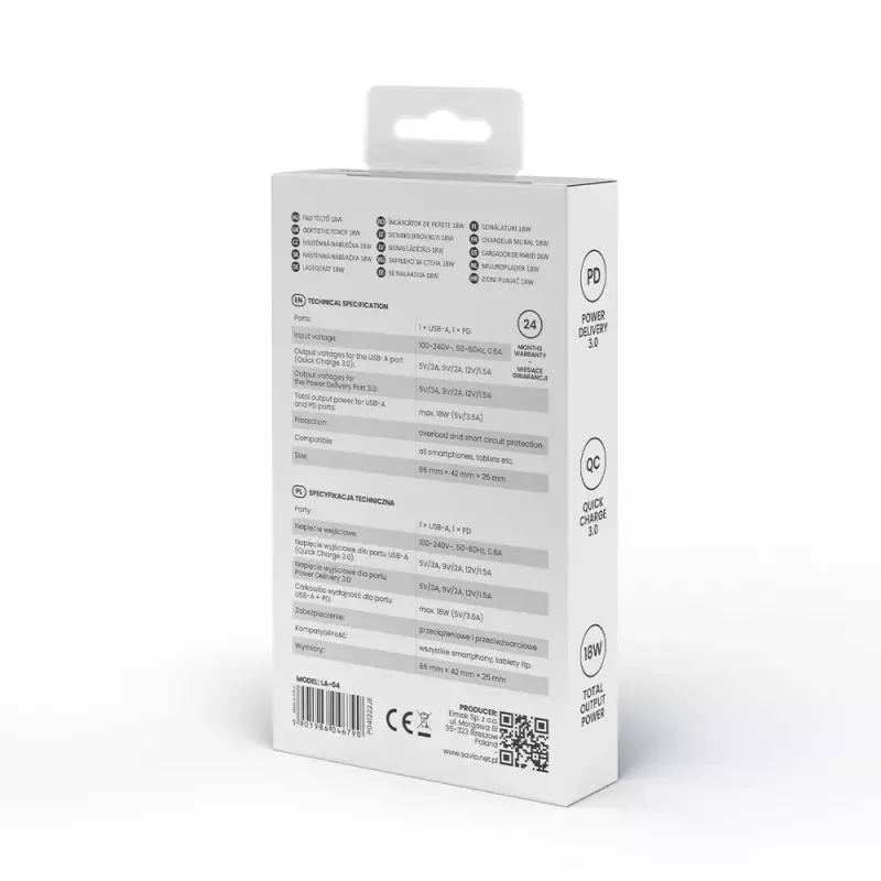 Iekštelpu lādētājs SAVIO LA-04 USB Type-A un Type-C, 18W, PD 3.0 ātrā uzlāde, 2x USB-A + 1x USB-C, 100–240V, balts