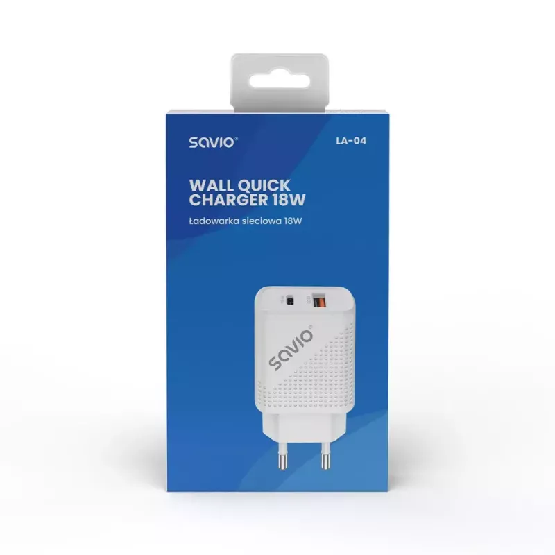 Iekštelpu lādētājs SAVIO LA-04 USB Type-A un Type-C, 18W, PD 3.0 ātrā uzlāde, 2x USB-A + 1x USB-C, 100–240V, balts