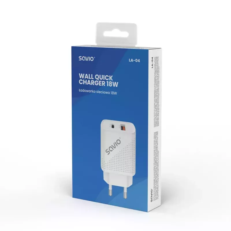 Iekštelpu lādētājs SAVIO LA-04 USB Type-A un Type-C, 18W, PD 3.0 ātrā uzlāde, 2x USB-A + 1x USB-C, 100–240V, balts