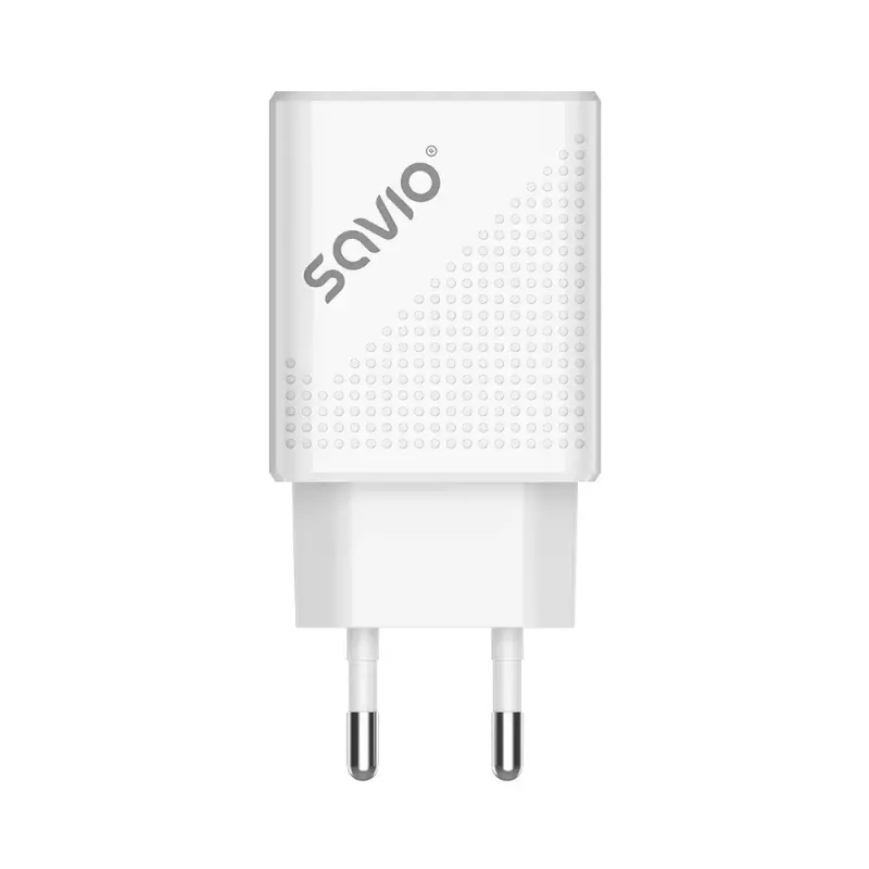Iekštelpu lādētājs SAVIO LA-04 USB Type-A un Type-C, 18W, PD 3.0 ātrā uzlāde, 2x USB-A + 1x USB-C, 100–240V, balts