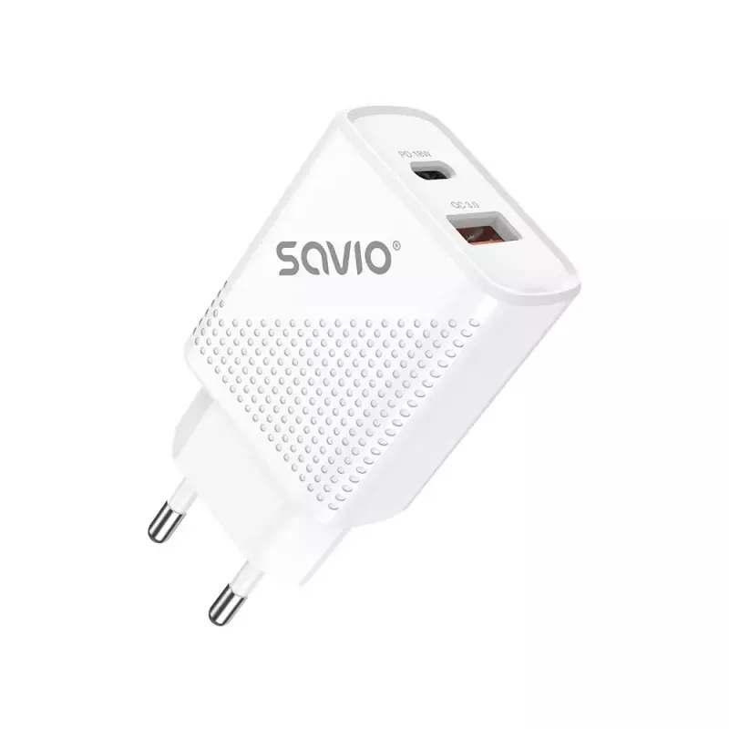 Iekštelpu lādētājs SAVIO LA-04 USB Type-A un Type-C, 18W, PD 3.0 ātrā uzlāde, 2x USB-A + 1x USB-C, 100–240V, balts