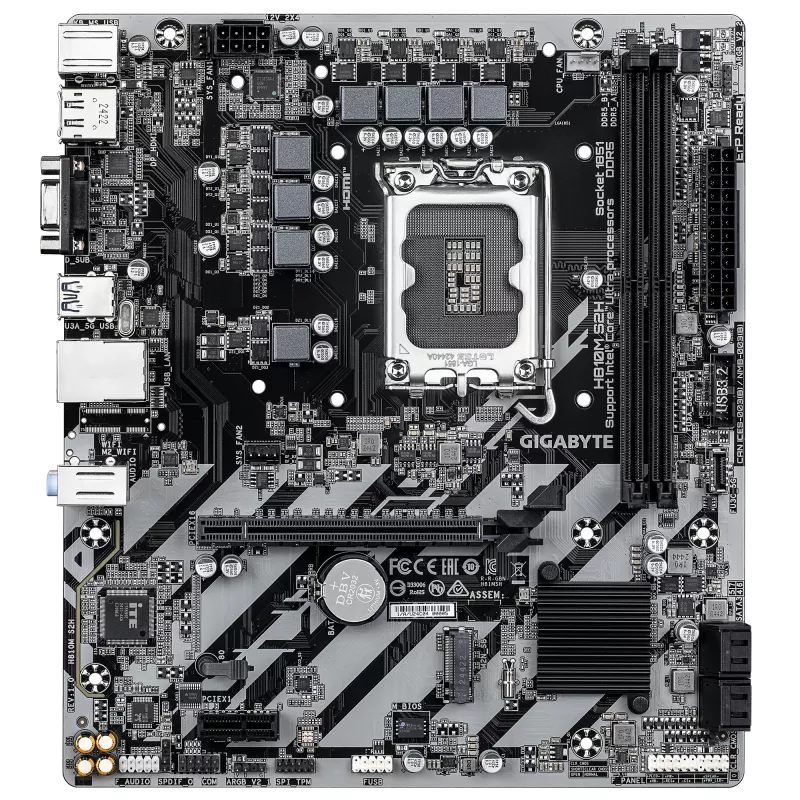 GIGABYTE H810M S2H mātesplate - Intel Core Ultra (2. sērijas) CPU, 4+1+2 fāžu VRM, līdz 6400MHz DDR5, 1xPCIe 4.0 M.2, 1GbE LAN, USB 3.2 Gen 1