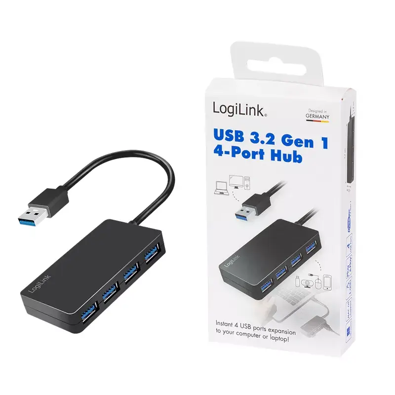 LogiLink USB 3.2 Gen1 4-portu centrmezgls, melns, 5000 Mbit/s, ABS