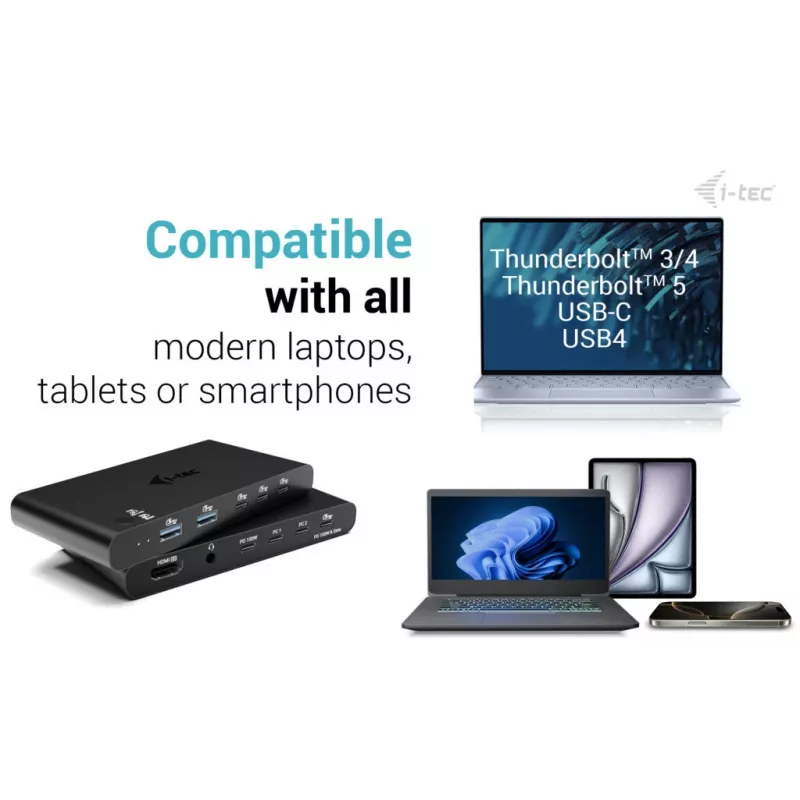 KVM dokstacija i-tec diviem resursdatoriem HDMI, USB-C resursdatora saskarne, PD 2×100 W, 4K@60 Hz, 2×USB-A