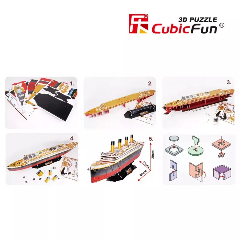 3D puzzle Cubicfun Titanic Big T4011H — 1024 gabali, mēroga kuģa modelis