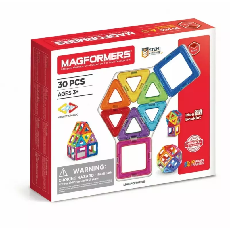 Magformers magnētiskie klucīši Basic 30 gab. komplekts, MAGFORMERS — 30 daļu magnētiskā konstruēšanas rotaļlieta