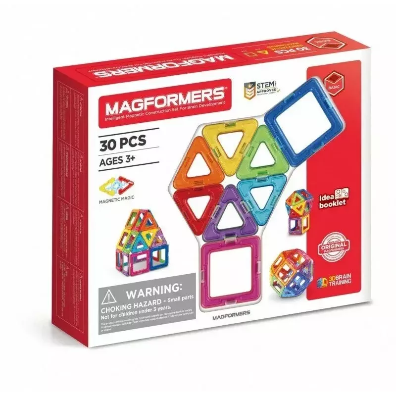 Magformers magnētiskie klucīši Basic 30 gab. komplekts, MAGFORMERS — 30 daļu magnētiskā konstruēšanas rotaļlieta