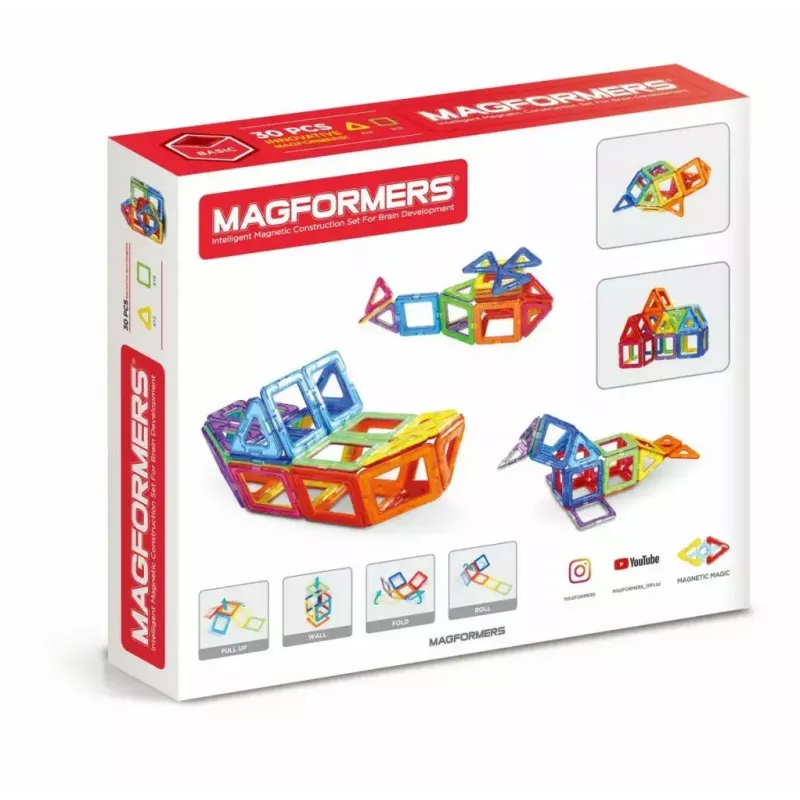 Magformers magnētiskie klucīši Basic 30 gab. komplekts, MAGFORMERS — 30 daļu magnētiskā konstruēšanas rotaļlieta