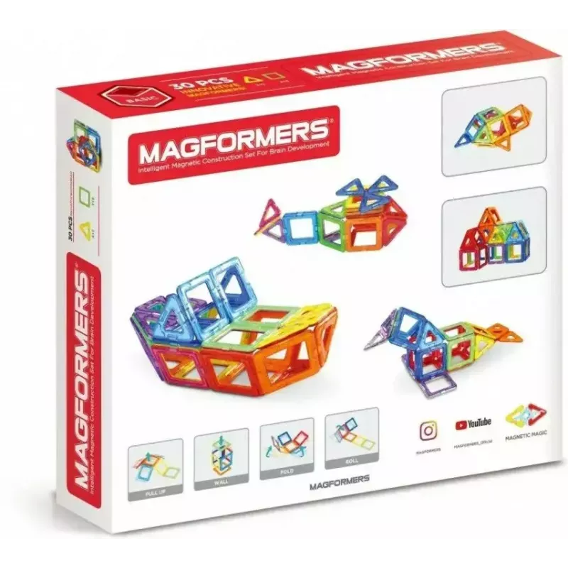 Magformers magnētiskie klucīši Basic 30 gab. komplekts, MAGFORMERS — 30 daļu magnētiskā konstruēšanas rotaļlieta