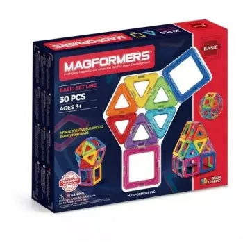 Magformers magnētiskie klucīši Basic 30 gab. komplekts, MAGFORMERS — 30 daļu magnētiskā konstruēšanas rotaļlieta