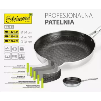 Universāla panna Maestro MR-1224-28 28 cm, trīsslāņu nerūsējošā tērauda korpuss, nepiedegoša, piemērota indukcijai