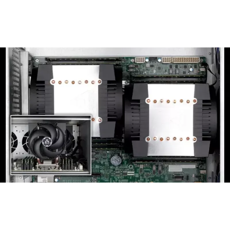 4U servera gaisa dzesētājs Arctic Freezer 4U‑M Rev. 2 — 120 mm ventilators, 122,16 m³/h gaisa plūsma, dubultā lodīšu gultnis, 156×124×145 mm, TDP 350 W