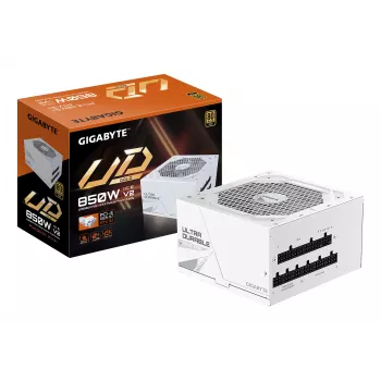 Barošanas bloks GIGABYTE UD850GM PG5 V2 ICE — 850 W, PCIe Gen 5.1, 80 PLUS Gold, pilnībā modulārs, 120 mm ventilators, ATX 3.1, UK spraudnis, balts