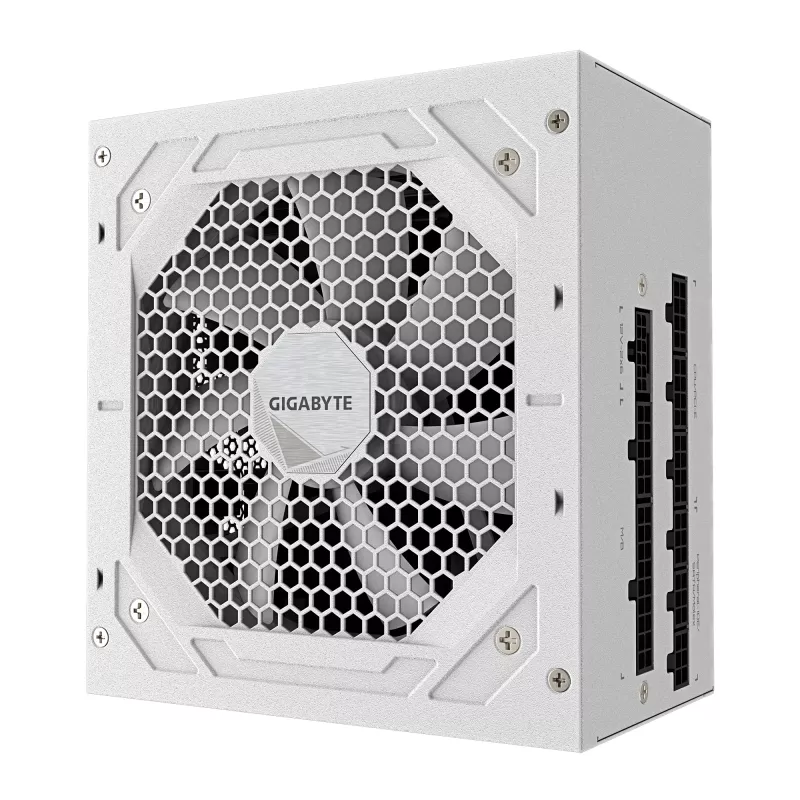 Barošanas bloks GIGABYTE UD850GM PG5 V2 ICE — 850 W, PCIe Gen 5.1, 80 PLUS Gold, pilnībā modulārs, 120 mm ventilators, ATX 3.1, UK spraudnis, balts