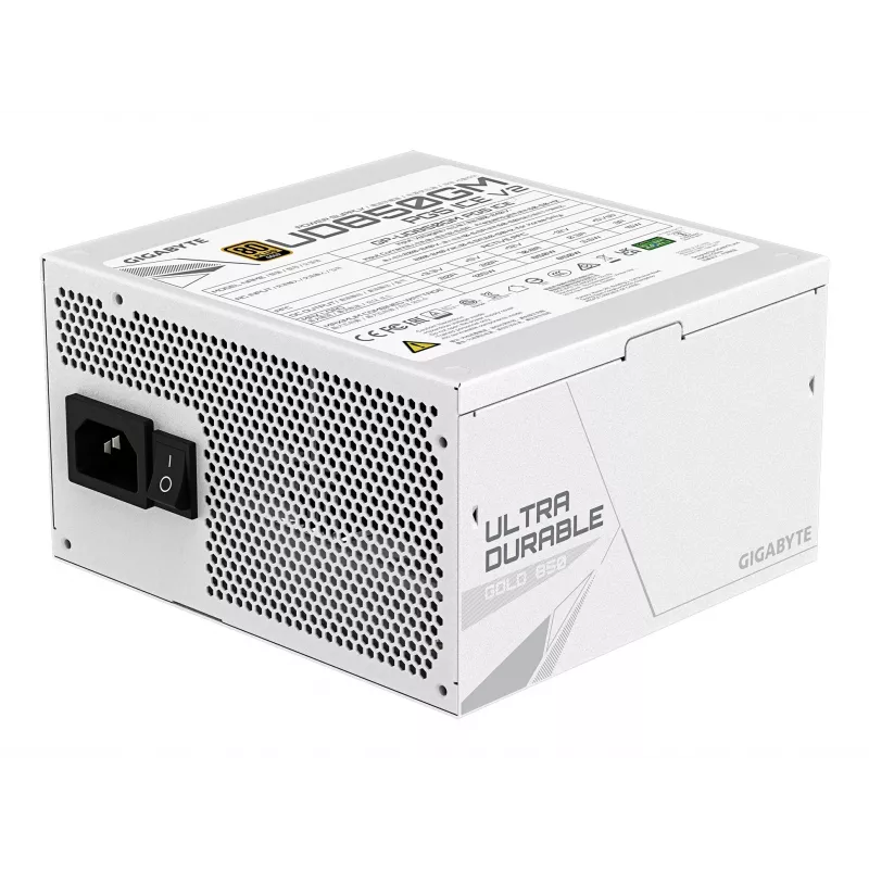Barošanas bloks GIGABYTE UD850GM PG5 V2 ICE — 850 W, PCIe Gen 5.1, 80 PLUS Gold, pilnībā modulārs, 120 mm ventilators, ATX 3.1, UK spraudnis, balts