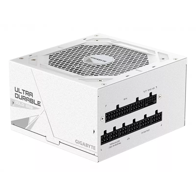 Barošanas bloks GIGABYTE UD850GM PG5 V2 ICE — 850 W, PCIe Gen 5.1, 80 PLUS Gold, pilnībā modulārs, 120 mm ventilators, ATX 3.1, UK spraudnis, balts
