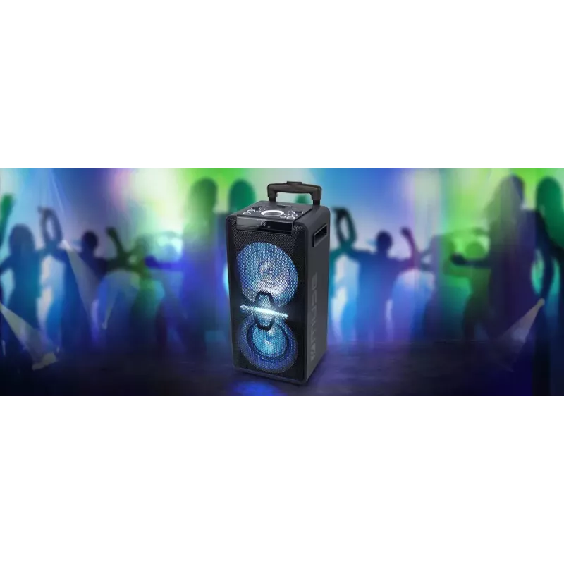 Portatīvais skaļrunis Muse M-1920 DJ — 300 W RMS, maiņstrāvas barošana, 3,5 mm ieeja, 256×287×534 mm, 7 kg, melns