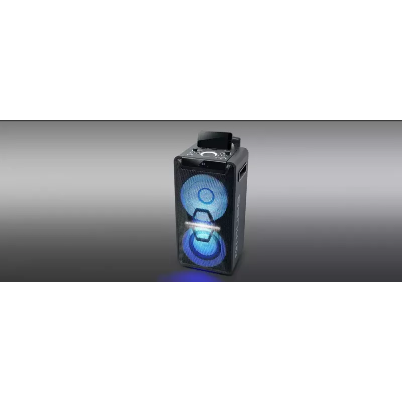 Portatīvais skaļrunis Muse M-1920 DJ — 300 W RMS, maiņstrāvas barošana, 3,5 mm ieeja, 256×287×534 mm, 7 kg, melns