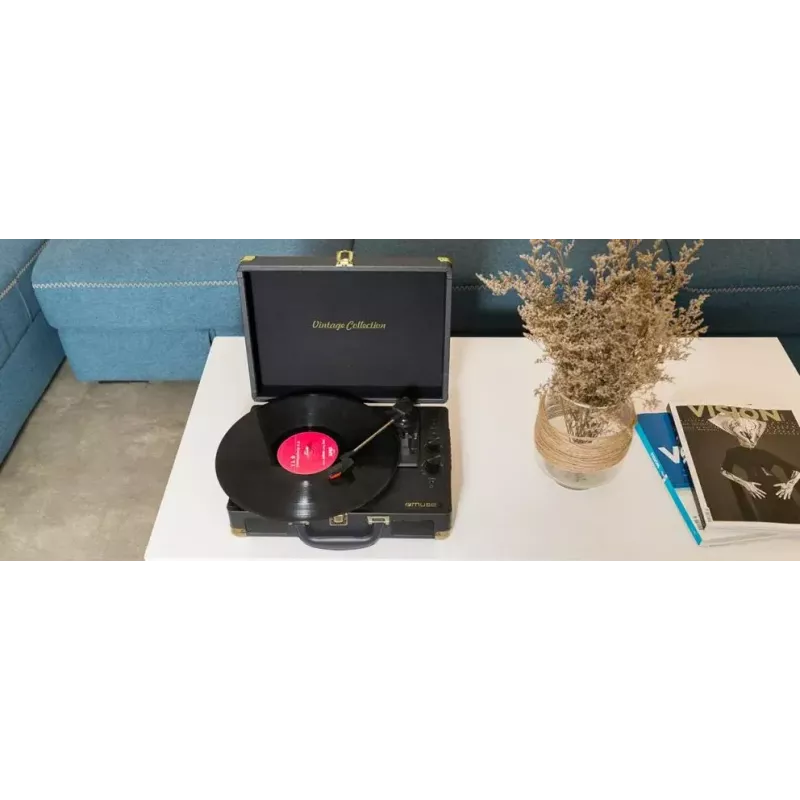 Skaņuplates atskaņotājs Muse MT-103 GD melns — 33/45/78 RPM, maiņstrāvas adapteris 100–240 V, kompakts 350×113×255 mm, 2,7–3 kg