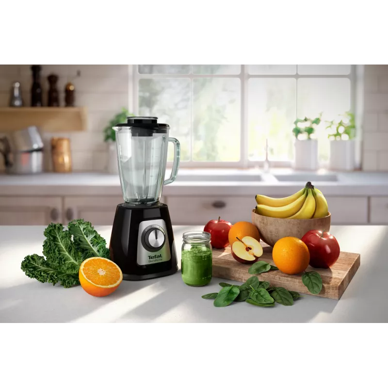 Galda blenderis Tefal BL4358 — 800 W, 1,25 L stikla trauks, ledus smalcināšana, melns/matēts tērauds