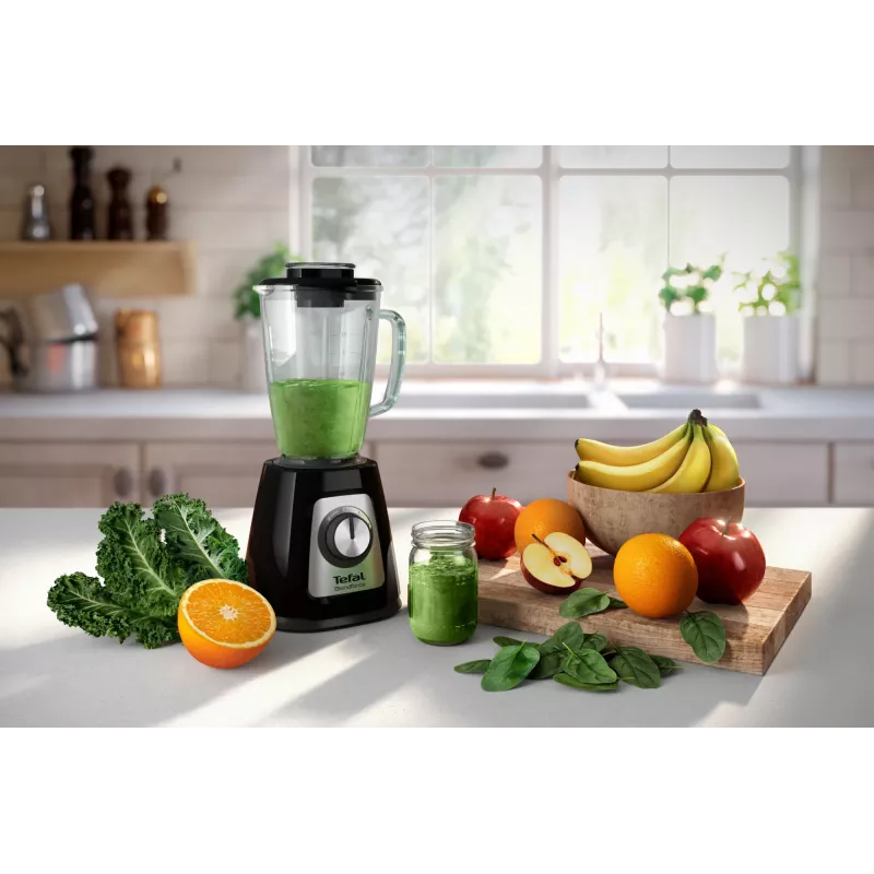 Galda blenderis Tefal BL4358 — 800 W, 1,25 L stikla trauks, ledus smalcināšana, melns/matēts tērauds