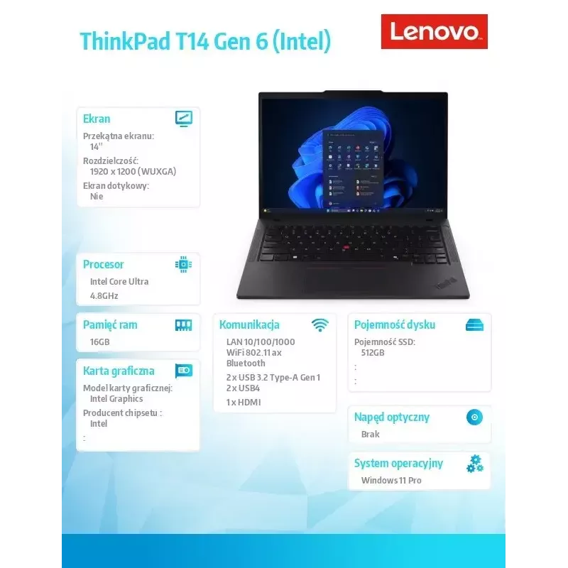 Portatīvais dators Lenovo ThinkPad T14 G6 14,0 collu Ultra 5 225U 16GB 512GB INT W11Pro Melns