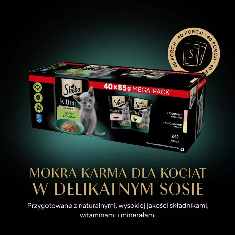Mitrā kaķu barība Sheba Kitten Selection of Flavors in Sauce 40×85 g — mitrā barība kaķēniem, 40 paciņas x 85 g, 3,4 kg, vistas pamatgarša