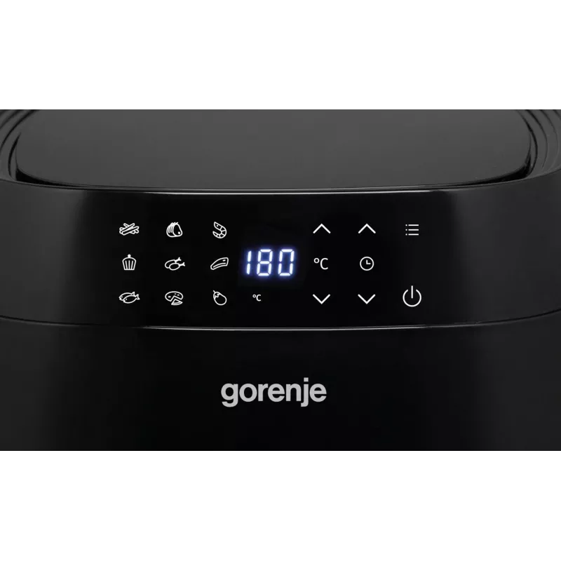 Karstā gaisa fritē Gorenje AF1409DB — 3,2 L ietilpība, 1400 W, LED displejs, min. temperatūra 90 °C, melna