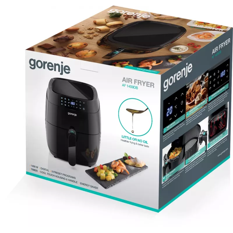 Karstā gaisa fritē Gorenje AF1409DB — 3,2 L ietilpība, 1400 W, LED displejs, min. temperatūra 90 °C, melna