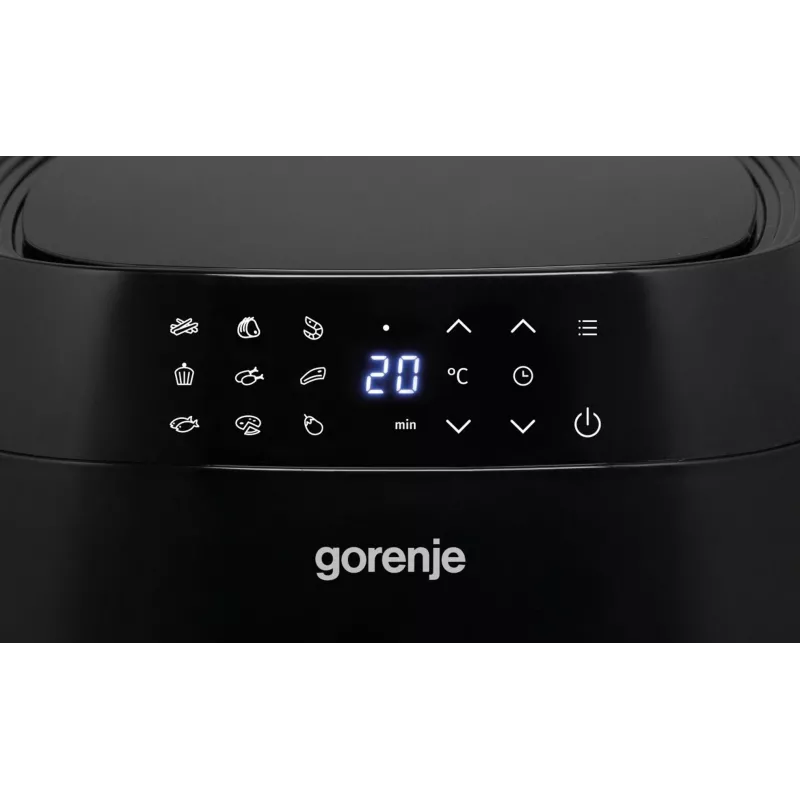 Karstā gaisa fritē Gorenje AF1409DB — 3,2 L ietilpība, 1400 W, LED displejs, min. temperatūra 90 °C, melna