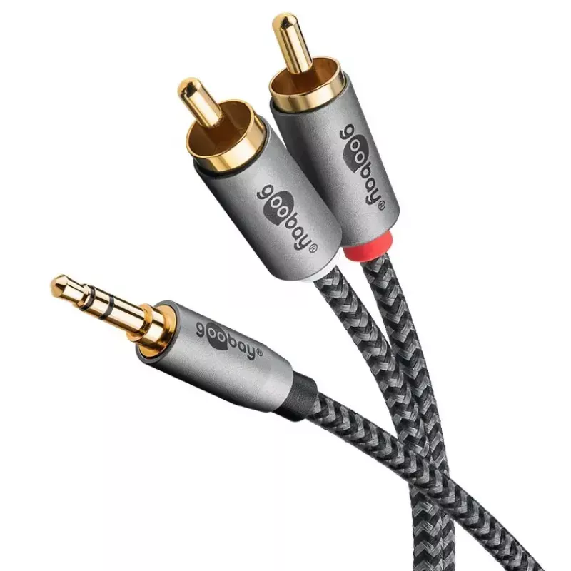 Audio kabelis Goobay 65285 3,5 mm vīrišķais uz 2×RCA vīrišķais, 1 m, varš, zeltīti kontakti, magnētiski ekranēts (sudraba/melns)
