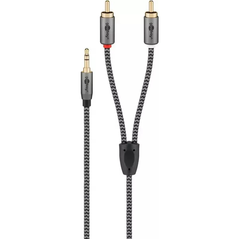 Audio kabelis Goobay 65285 3,5 mm vīrišķais uz 2×RCA vīrišķais, 1 m, varš, zeltīti kontakti, magnētiski ekranēts (sudraba/melns)