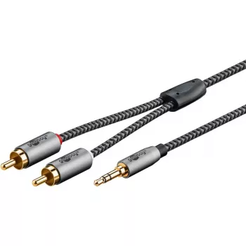 Audio kabelis Goobay 65285 3,5 mm vīrišķais uz 2×RCA vīrišķais, 1 m, varš, zeltīti kontakti, magnētiski ekranēts (sudraba/melns)