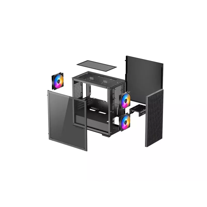 PC Case DeepCool MATREXX 40 3FS Micro Tower — Micro ATX/Mini-ITX, rūdīts stikls, 3x140/2x120 ventilatoru atbalsts, GPU līdz 320 mm, 2x3,5 collu + 2x2,5 collu, melns
