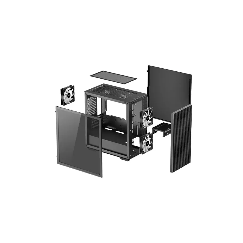 PC Case DeepCool MATREXX 40 3FS Micro Tower — Micro ATX/Mini-ITX, rūdīts stikls, 3x140/2x120 ventilatoru atbalsts, GPU līdz 320 mm, 2x3,5 collu + 2x2,5 collu, melns