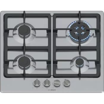 Iebūvējamā gāzes plīts virsma Bosch Serie 4 PGH6B5K90, 4 zonu nerūsējošais tērauds, 60 cm, rotācijas vadības ierīces, wok deglis