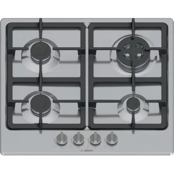 Iebūvējamā gāzes plīts virsma Bosch Serie 4 PGH6B5K90, 4 zonu nerūsējošais tērauds, 60 cm, rotācijas vadības ierīces, wok deglis