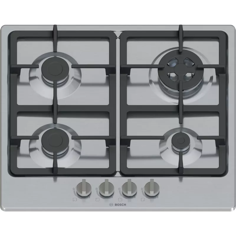 Iebūvējamā gāzes plīts virsma Bosch Serie 4 PGH6B5K90, 4 zonu nerūsējošais tērauds, 60 cm, rotācijas vadības ierīces, wok deglis