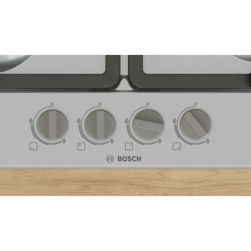 Iebūvējamā gāzes plīts virsma Bosch Serie 4 PGH6B5K90, 4 zonu nerūsējošais tērauds, 60 cm, rotācijas vadības ierīces, wok deglis