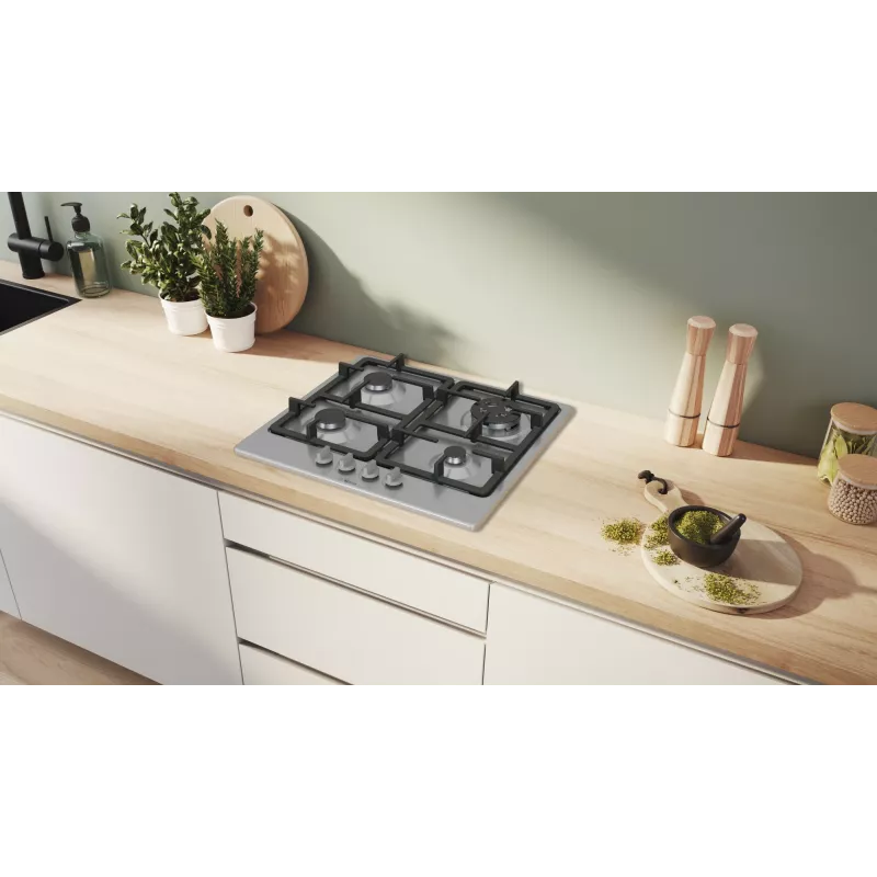 Iebūvējamā gāzes plīts virsma Bosch Serie 4 PGH6B5K90, 4 zonu nerūsējošais tērauds, 60 cm, rotācijas vadības ierīces, wok deglis