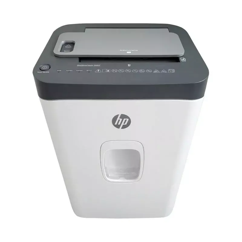 Papīra smalcinātājs HP ONESHRED Auto 200CC — automātiskā padeve 200 lapu ietilpība, mikro griezums P-4, 28 L tvertne, balts-pelēks
