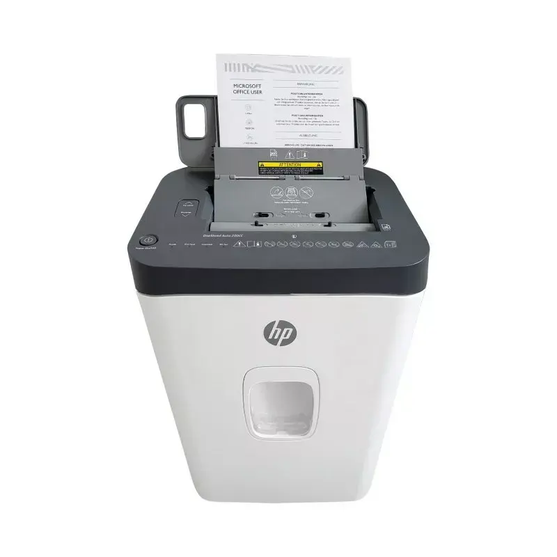 Papīra smalcinātājs HP ONESHRED Auto 200CC — automātiskā padeve 200 lapu ietilpība, mikro griezums P-4, 28 L tvertne, balts-pelēks