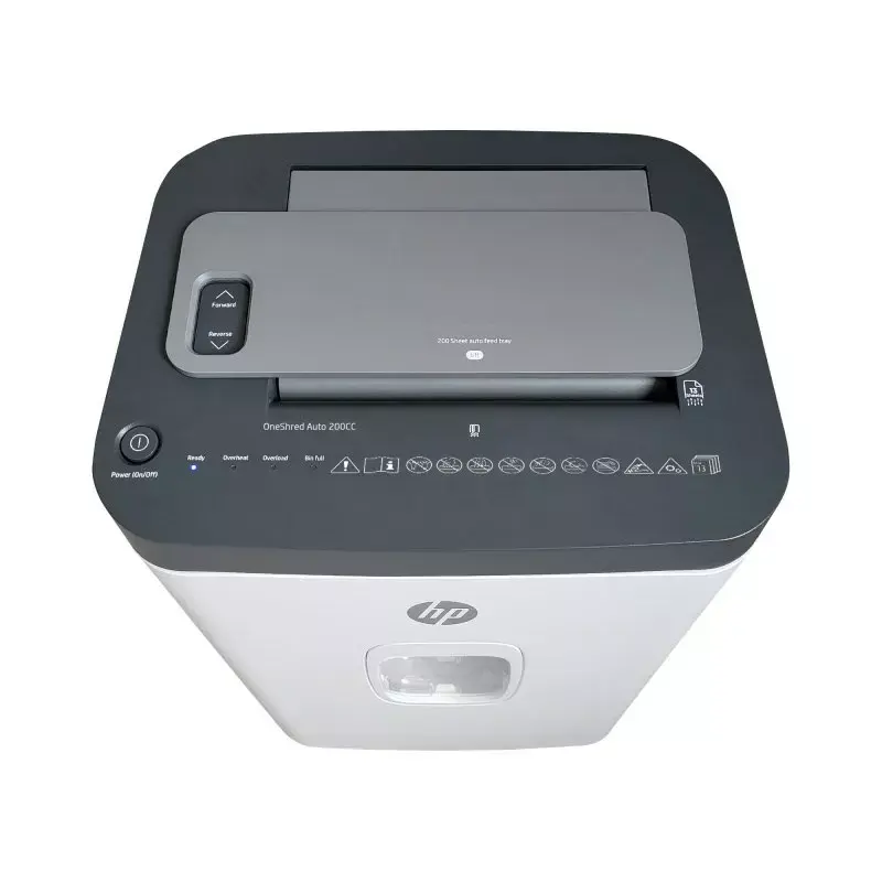 Papīra smalcinātājs HP ONESHRED Auto 200CC — automātiskā padeve 200 lapu ietilpība, mikro griezums P-4, 28 L tvertne, balts-pelēks