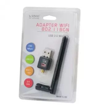 USB WLAN adapteris SAVIO CL-63, vienjoslas 2,4 GHz, 150 Mbit/s, Realtek RTL8188CU, ārējā antena, USB 2.0