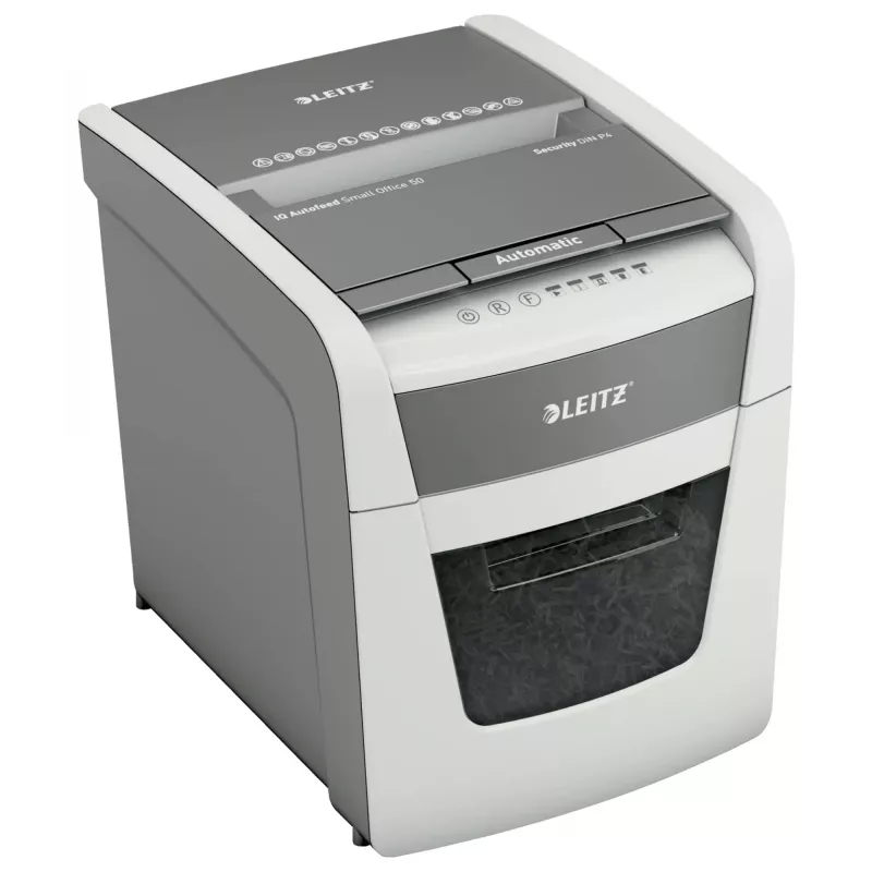 Papīra smalcinātājs LEITZ IQ Autofeed Small Office50 P4 — mikro griezums 4x28 mm, 50 lokšņu automātiskā padeve, 22 cm ieplūde, 20 L tvertne
