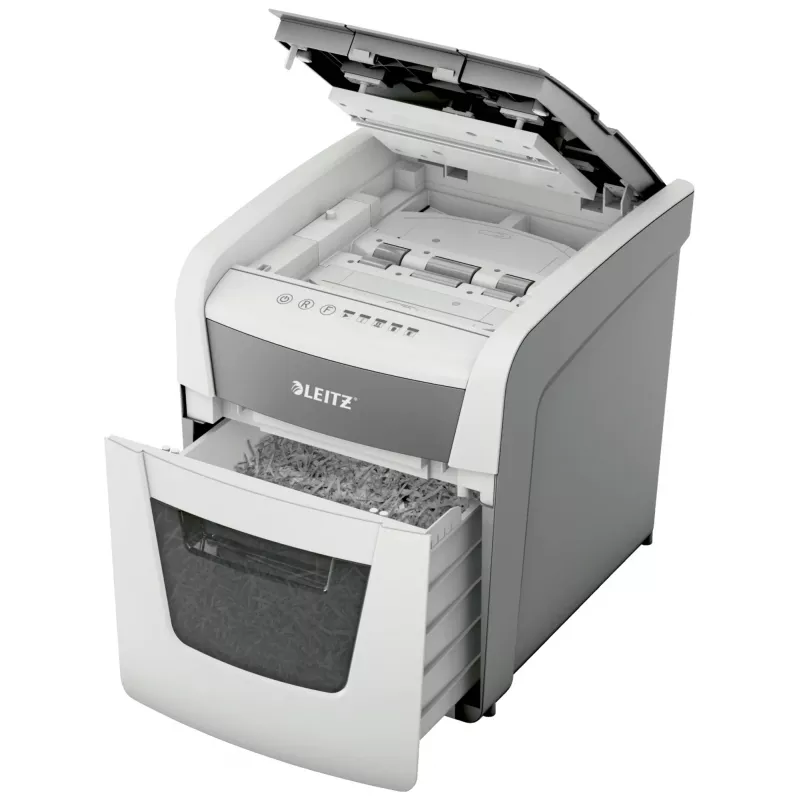 Papīra smalcinātājs LEITZ IQ Autofeed Small Office50 P4 — mikro griezums 4x28 mm, 50 lokšņu automātiskā padeve, 22 cm ieplūde, 20 L tvertne