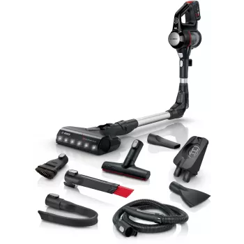 Stick vacuum Bosch BCS711PET — bezvada 18V, 40 min darbības laiks, 0,3 L bezmaisa, cietām grīdām un paklājiem, sarkans/melns