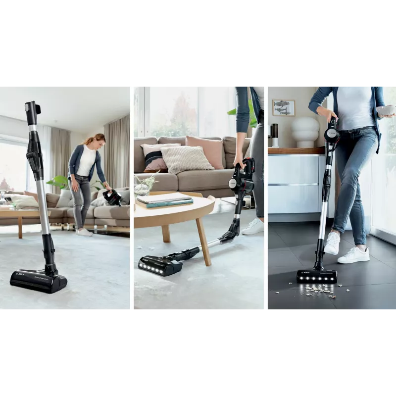 Stick vacuum Bosch BCS711PET — bezvada 18V, 40 min darbības laiks, 0,3 L bezmaisa, cietām grīdām un paklājiem, sarkans/melns