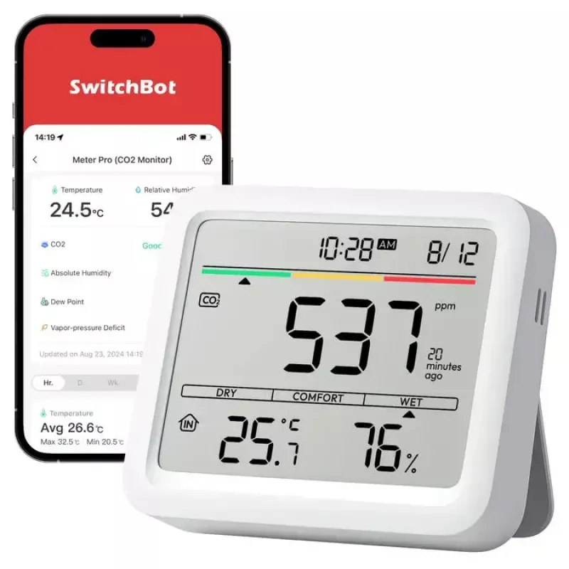 CO2 monitors Switchbot Meter Pro — CO2, temperatūras un mitruma mērīšana, LCD, baterija (AA), ABS korpuss, 5 V, temperatūras diapazons -20–80°C
